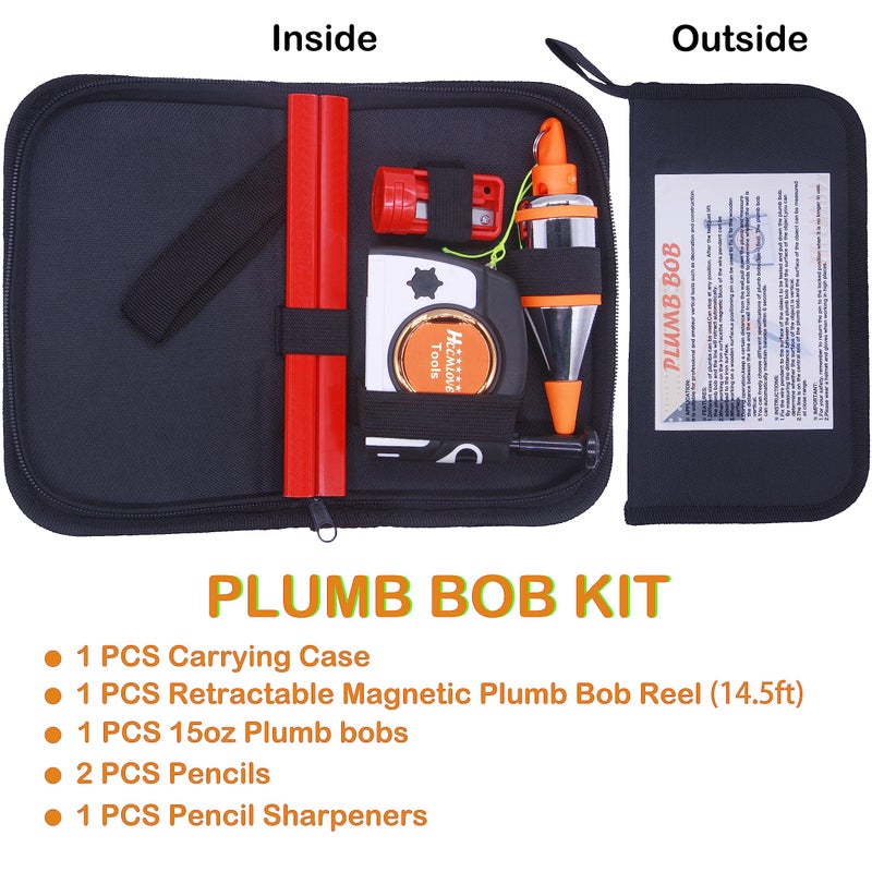 HCCMLOVE Plumbob المغناطيسي - 15 أونصة (425 جم) Plumb Rite مع مبراة سلسلة بطول 14.5 قدم (4.5 م) و2 قلم رصاص وحقيبة حمل، بكرة الخط المستخدمة في البناء يمكنها تمديد الخط تلقائيًا وتثبيت Plumbob بسرعة - Image 4
