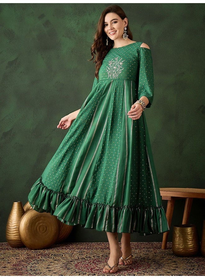 AKS Green Jacquard Maxi Dress with Embroidered Neck  - Image 1