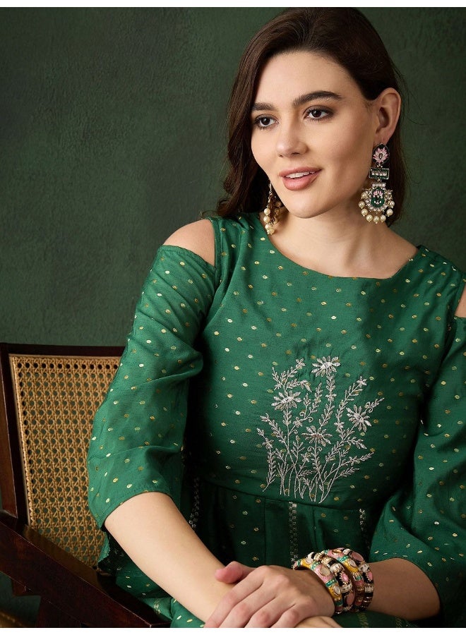 AKS Green Jacquard Maxi Dress with Embroidered Neck  - Image 2