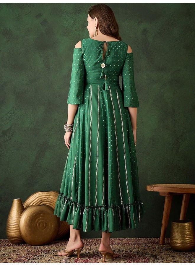 AKS Green Jacquard Maxi Dress with Embroidered Neck  - Image 5