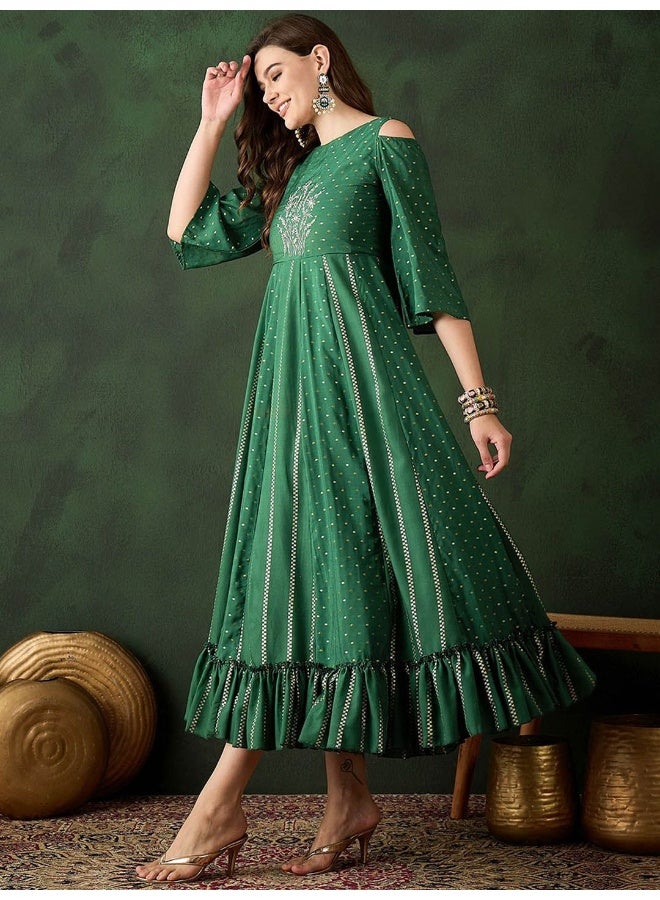 AKS Green Jacquard Maxi Dress with Embroidered Neck  - Image 3