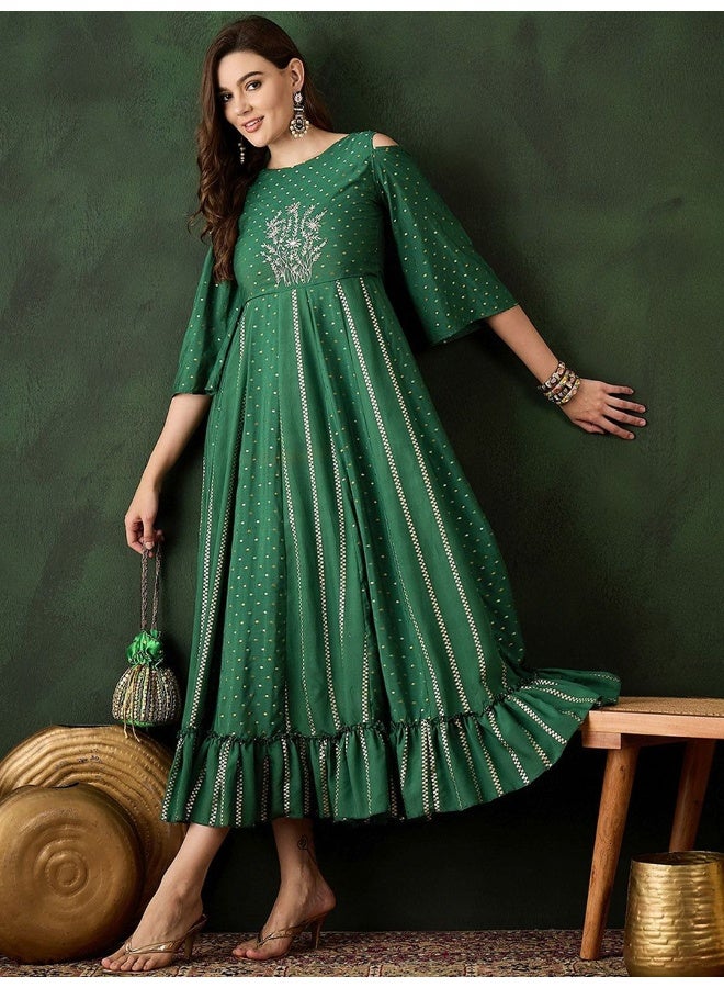 AKS Green Jacquard Maxi Dress with Embroidered Neck  - Image 4