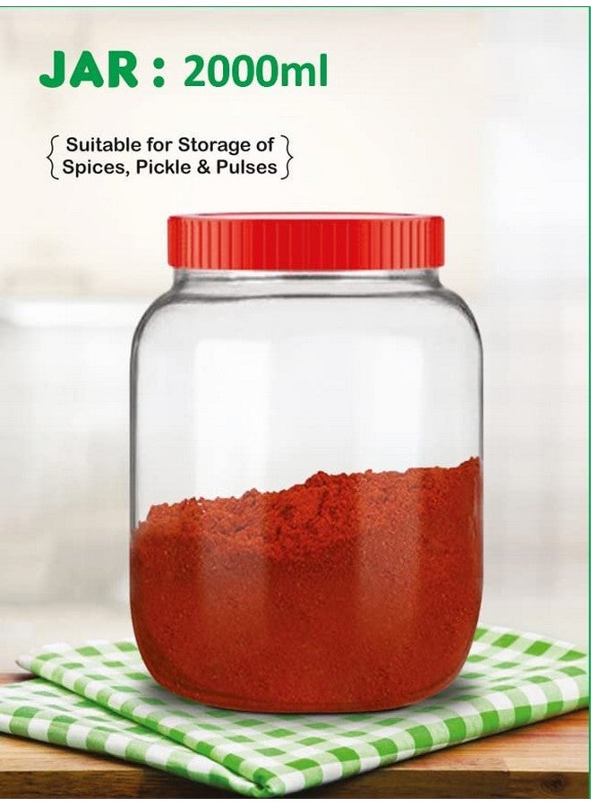 Vency Vency Glass Jar 2000 ml | Round Jars for kitchen 2Kg | Transparent Containers for Kitchen Pantry, Flour, Cereal, Masala, Dry Fruits | Airtight Glass Container | Red Cap | Set of 2 - Image 3