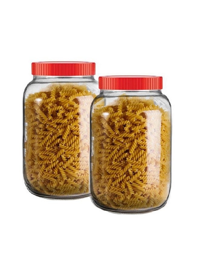 Vency Vency Glass Jar 2000 ml | Round Jars for kitchen 2Kg | Transparent Containers for Kitchen Pantry, Flour, Cereal, Masala, Dry Fruits | Airtight Glass Container | Red Cap | Set of 2 - Image 1