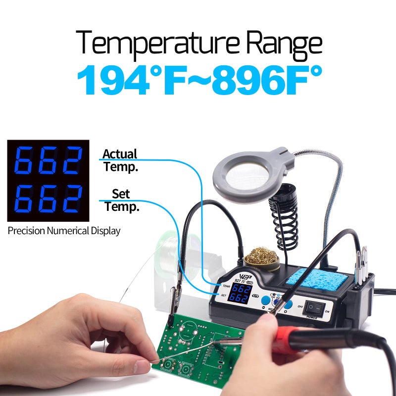 WEP 927-IV Soldering Station Kit High-Power 110W with 3 Preset Channels, Sleep Mode, LED Magnifier, 5 Extra Iron Tips, Tip Cleaner, 2 Helping Hands, Tip Storage Slots, Lead-free Solder Wire, Tweezers - Image 3