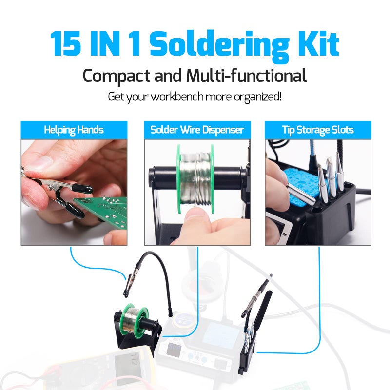 WEP 927-IV Soldering Station Kit High-Power 110W with 3 Preset Channels, Sleep Mode, LED Magnifier, 5 Extra Iron Tips, Tip Cleaner, 2 Helping Hands, Tip Storage Slots, Lead-free Solder Wire, Tweezers - Image 5