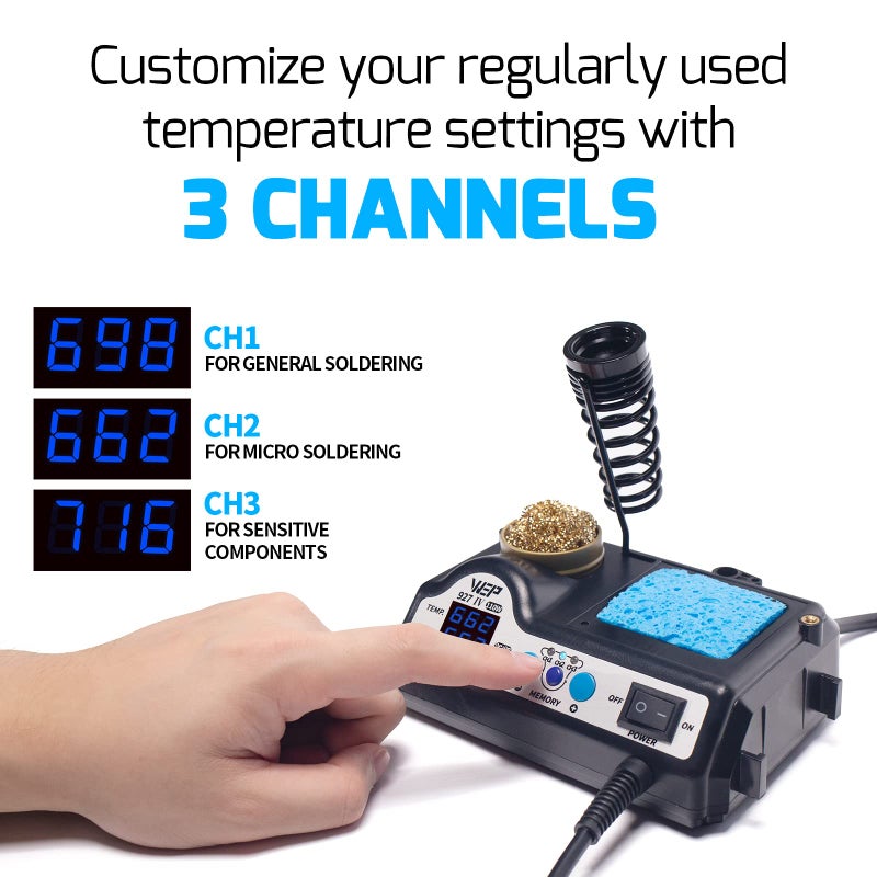 WEP 927-IV Soldering Station Kit High-Power 110W with 3 Preset Channels, Sleep Mode, LED Magnifier, 5 Extra Iron Tips, Tip Cleaner, 2 Helping Hands, Tip Storage Slots, Lead-free Solder Wire, Tweezers - Image 4
