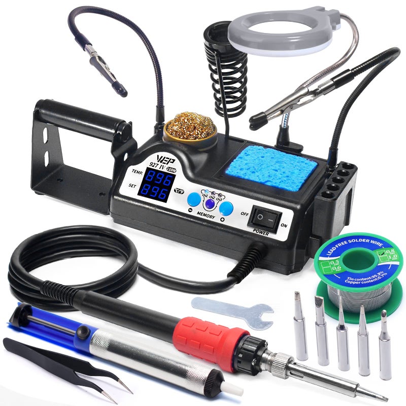 WEP 927-IV Soldering Station Kit High-Power 110W with 3 Preset Channels, Sleep Mode, LED Magnifier, 5 Extra Iron Tips, Tip Cleaner, 2 Helping Hands, Tip Storage Slots, Lead-free Solder Wire, Tweezers - Image 1