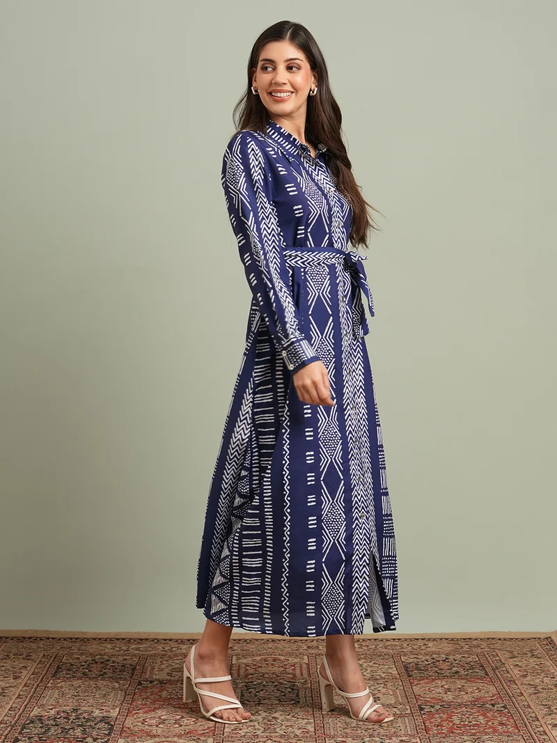 globus Women Blue Collared Neck Cuffed Sleeves Ethnic Print Maxi Workwear Shirt Dress With Belt