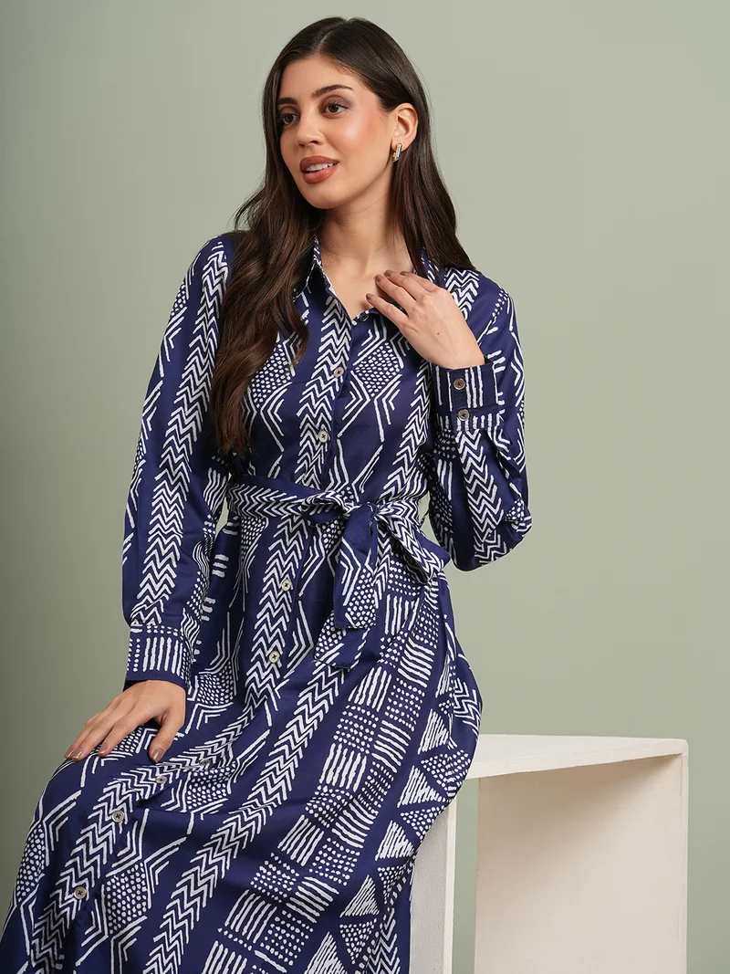 globus Women Blue Collared Neck Cuffed Sleeves Ethnic Print Maxi Workwear Shirt Dress With Belt