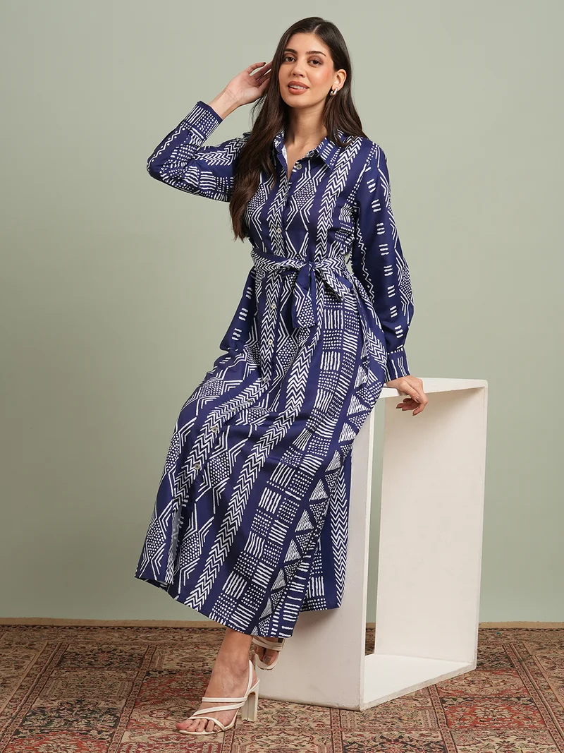 globus Women Blue Collared Neck Cuffed Sleeves Ethnic Print Maxi Workwear Shirt Dress With Belt