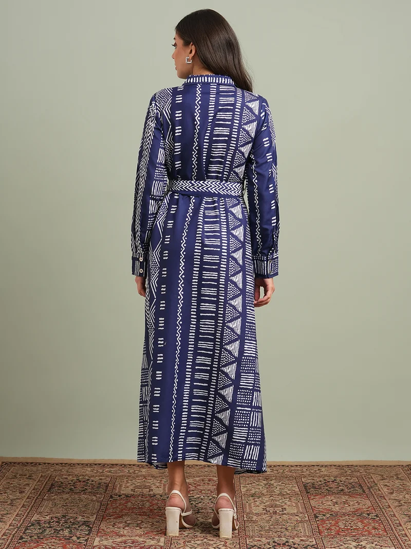 globus Women Blue Collared Neck Cuffed Sleeves Ethnic Print Maxi Workwear Shirt Dress With Belt