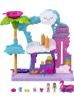 Polly Pocket Playset 2 Micro Dolls With Toy Car Water Play & Color Change Accessories Pollyville Flamingo Fun Car Wash  - Image 1