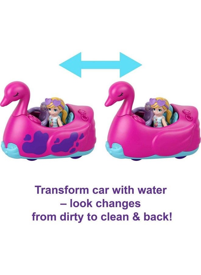 Polly Pocket Playset 2 Micro Dolls With Toy Car Water Play & Color Change Accessories Pollyville Flamingo Fun Car Wash  - Image 4