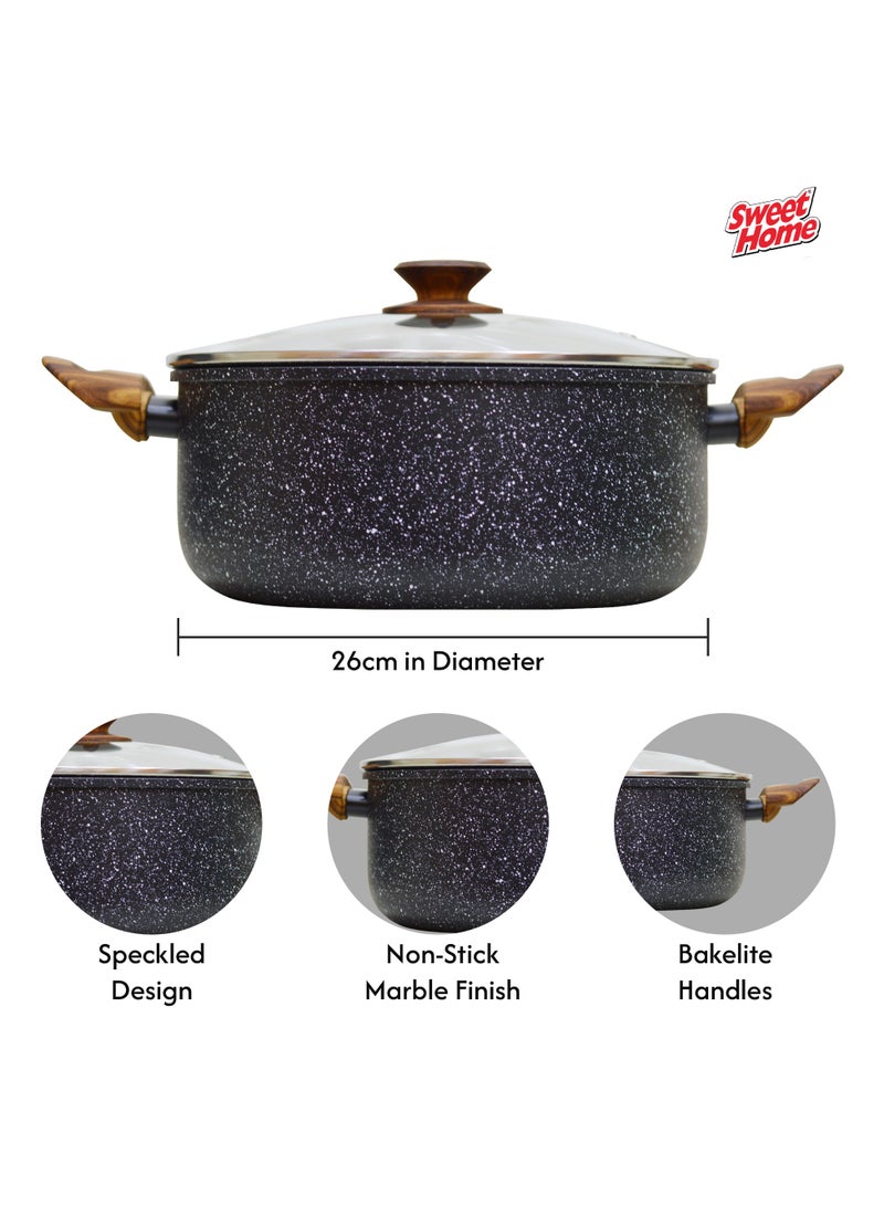 سويت هوم طاجن رخامي (26 سم) مقلاة غير لاصقة مع غطاء، خالية من مادة PFOA ومطلية بالجرانيت، وعاء صلصة للطهي، متوافق مع جميع المواقد، خالية من مادة PFOA (أسود) - Image 3