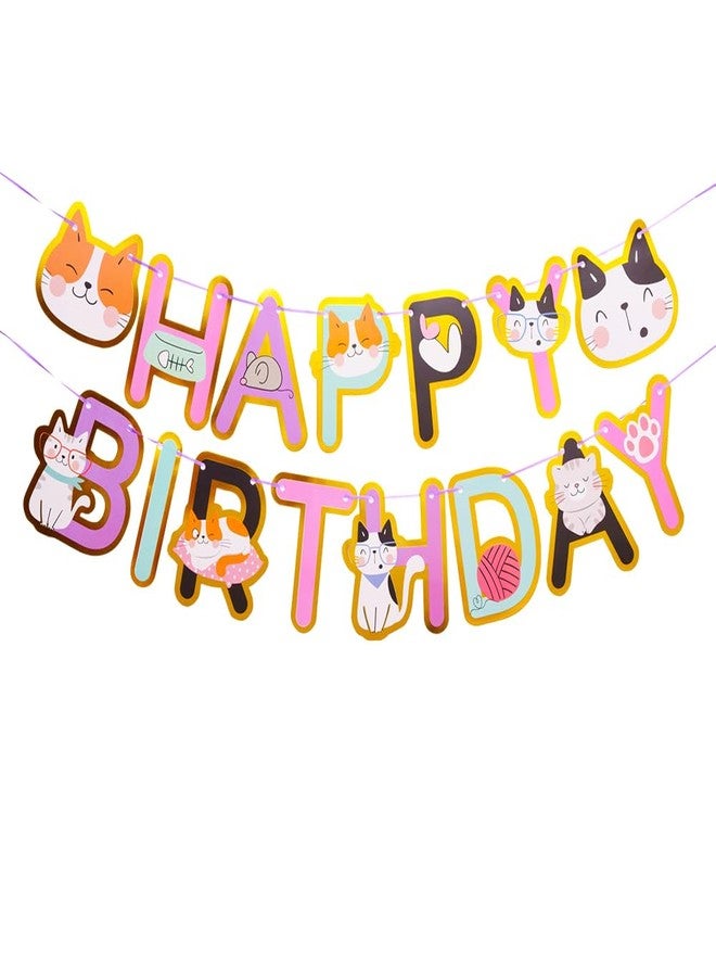 Geluode Cat Happy Birthday Banner for Boys & Girls, Kitty Cat Theme Birthday Party Hanging Wall Decorations - Image 1