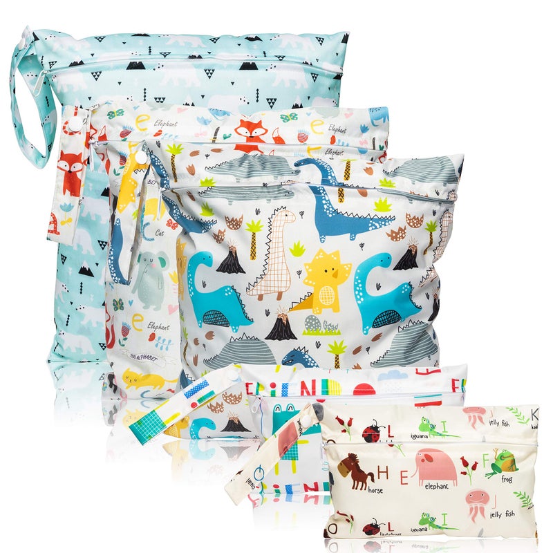 R HORSE 5Pcs Waterproof Reusable Diaper Baby Cloth Wet Dry Bags with 2 Zippered Pockets Travel Beach Pool Bag with Polar Bear Dinosaur Animal Alphabet Crocodile Pattern (3 Sizes) - Image 1