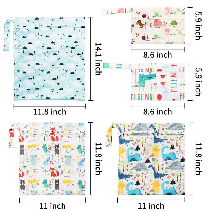 R HORSE 5Pcs Waterproof Reusable Diaper Baby Cloth Wet Dry Bags with 2 Zippered Pockets Travel Beach Pool Bag with Polar Bear Dinosaur Animal Alphabet Crocodile Pattern (3 Sizes) - Image 2