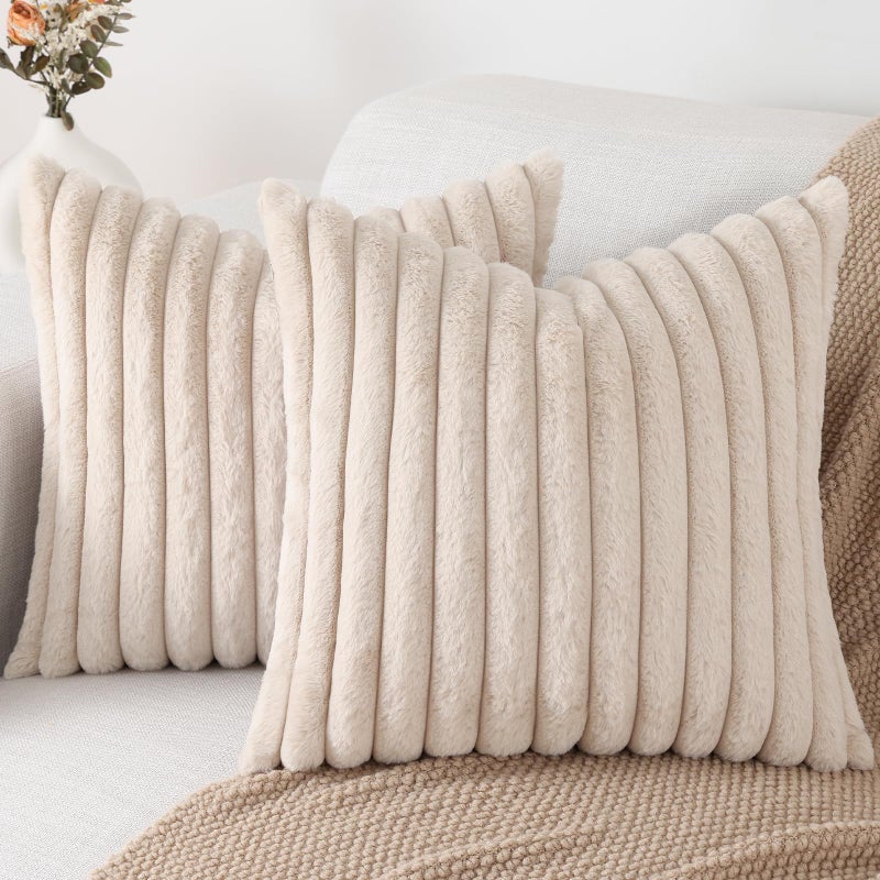 Pallene Faux Fur Plush Throw Pillow Covers 18x18 Set of 2, Luxury Soft Fluffy Striped Decorative Pillow Covers for Sofa, Couch, Living Room, Apricot - Image 1