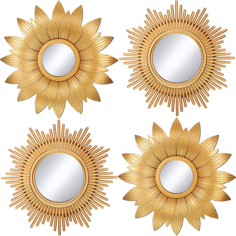 4 Pieces Big Sunburst Wall Mirror Gold Vintage Mirror Set for Home Decor Metal Hanging Round Decorative Mirrors Accessories Modern Present for Home Living Room Bedroom Entryway