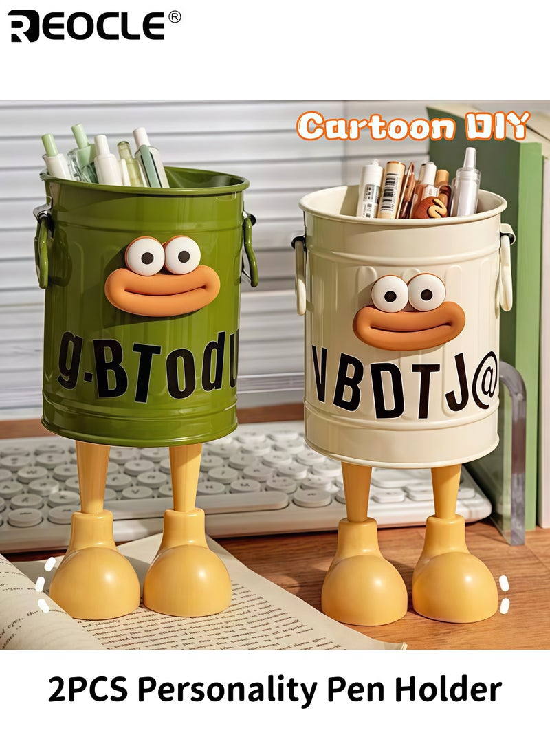 REOCLE 4PCS Cartoon Design Pen Holder Set with Vintage Style and Multi-Slot Storage Desktop Organizer Buckets with Portable Size for Office School Stationery Organization - Image 1
