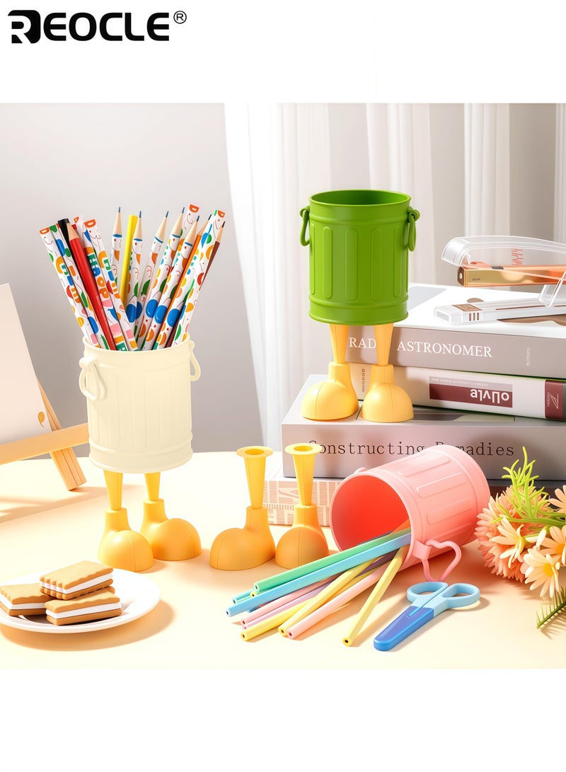 REOCLE 4PCS Cartoon Design Pen Holder Set with Vintage Style and Multi-Slot Storage Desktop Organizer Buckets with Portable Size for Office School Stationery Organization - Image 5