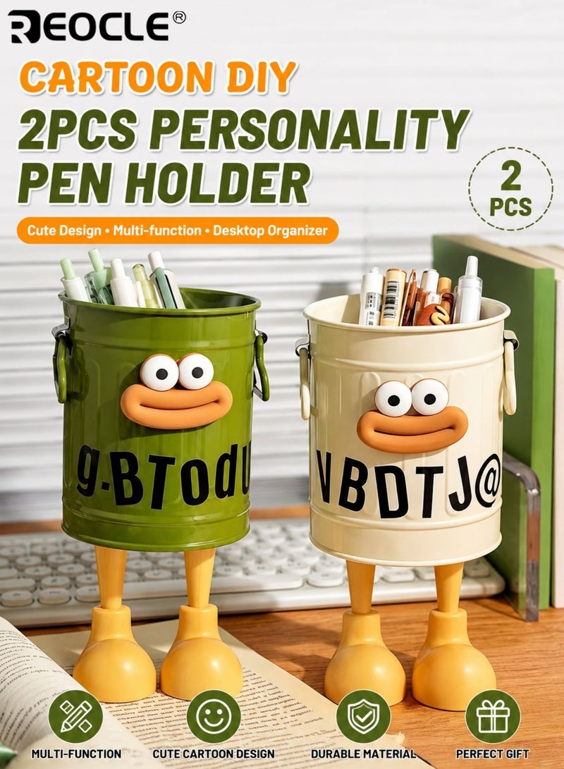 REOCLE 4PCS Cartoon Design Pen Holder Set with Vintage Style and Multi-Slot Storage Desktop Organizer Buckets with Portable Size for Office School Stationery Organization - Image 1