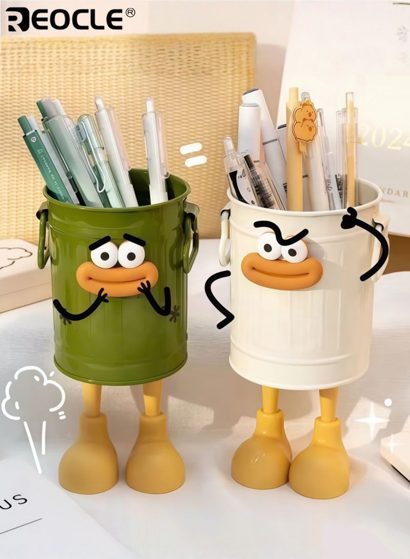 REOCLE 4PCS Cartoon Design Pen Holder Set with Vintage Style and Multi-Slot Storage Desktop Organizer Buckets with Portable Size for Office School Stationery Organization - Image 2