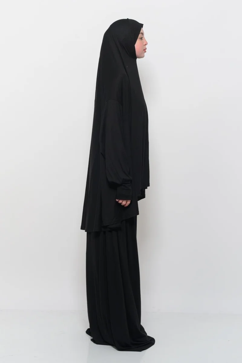 التوبة Practical Two Piece Cotton Bat Sleeves Organic Hijab Prayer Dress with Headscarf - Black