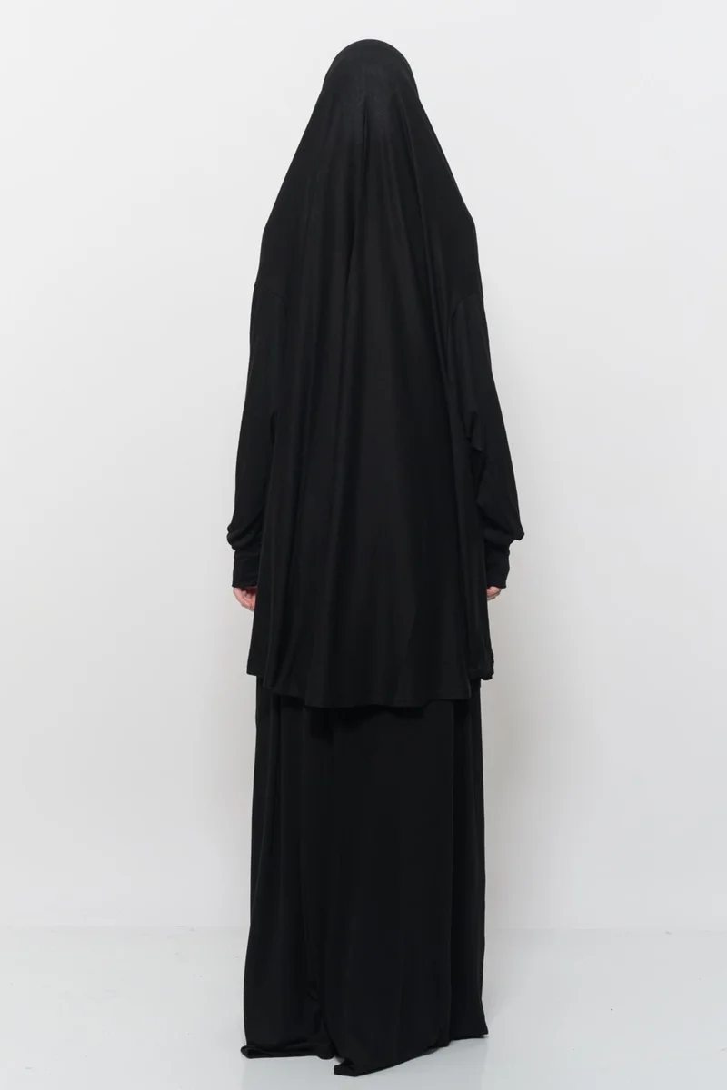 التوبة Practical Two Piece Cotton Bat Sleeves Organic Hijab Prayer Dress with Headscarf - Black