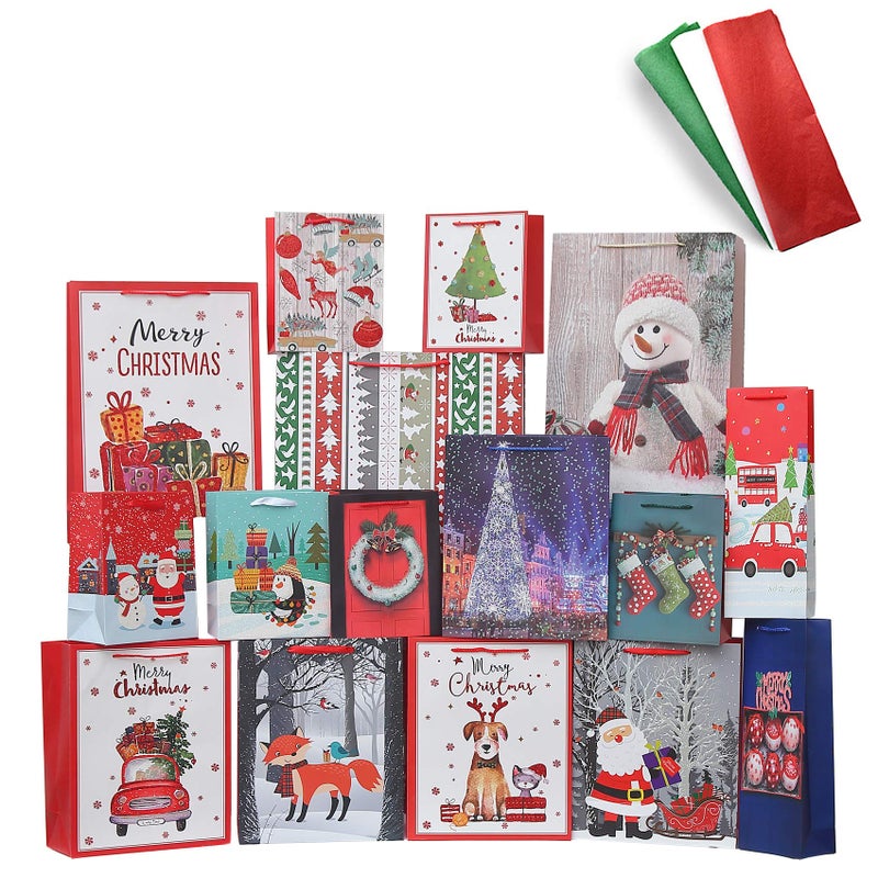 Smarimple Christmas Gift Bags Bulk Set Christmas Paper Bags Assorted Sizes 3 Jumbo 5 Large 6 Medium 2 Wine Bags 16 Count Glitter Design with 12 Sheets Tissue Paper - Image 2