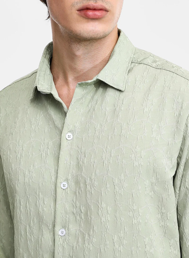 Campus Sutra Men's Avocado Green Floral-Textured Shirt