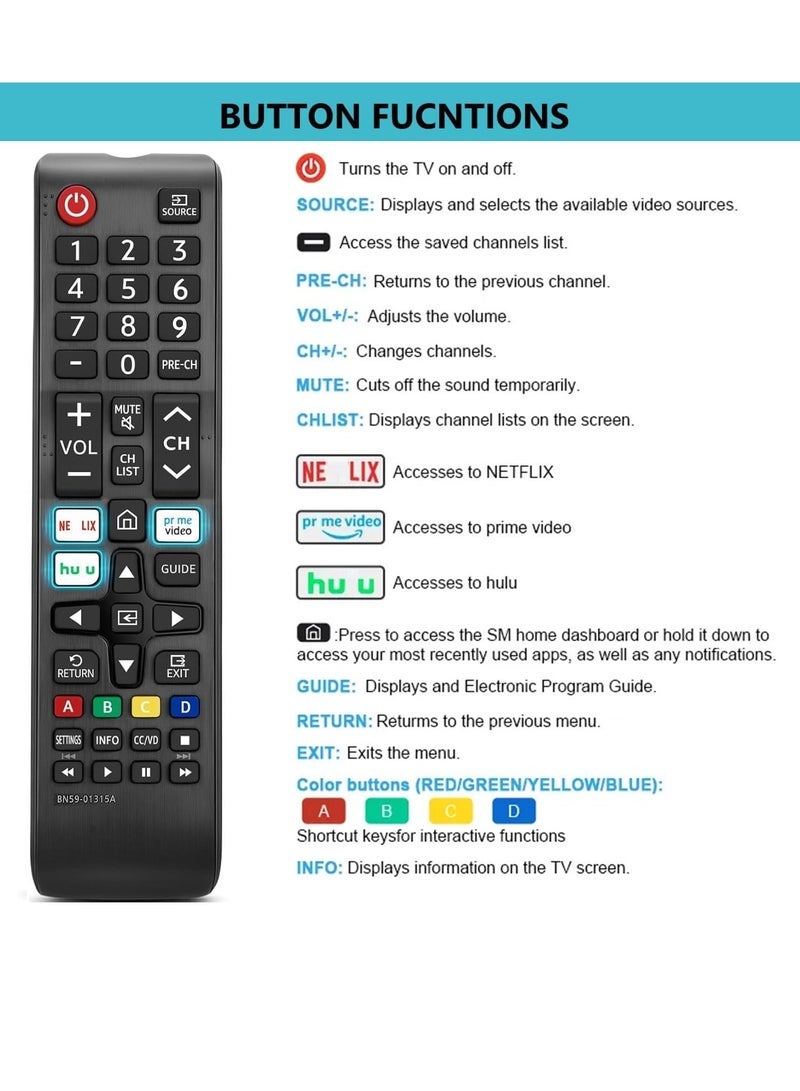 PopZa N59-01315A Replacement Remote Control for Samsung Smart TV All Samsung LED QLED LCD Series 6/7/8/9 4K UHD HDTV HDR Smart Curved Flat TV with Netflix Prime Video Hulu Button with battery - Image 3