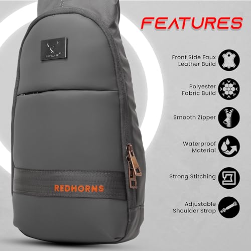 REDHORNS PU Leather Travel Crossbody Sling Bag for Men & Women with Anti-Theft Zipper, Adjustable Shoulder Bag, Waterproof Chest Bag Cross Body Backpack for Travel (Grey) - Image 2