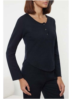 Navy Blue Snap Button Detailed Waffle Fabric Knitted Pajama Set THMAW25PT00041