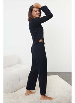 trendyol Navy Blue Snap Button Detailed Waffle Fabric Knitted Pajama Set THMAW25PT00041  - Image 3