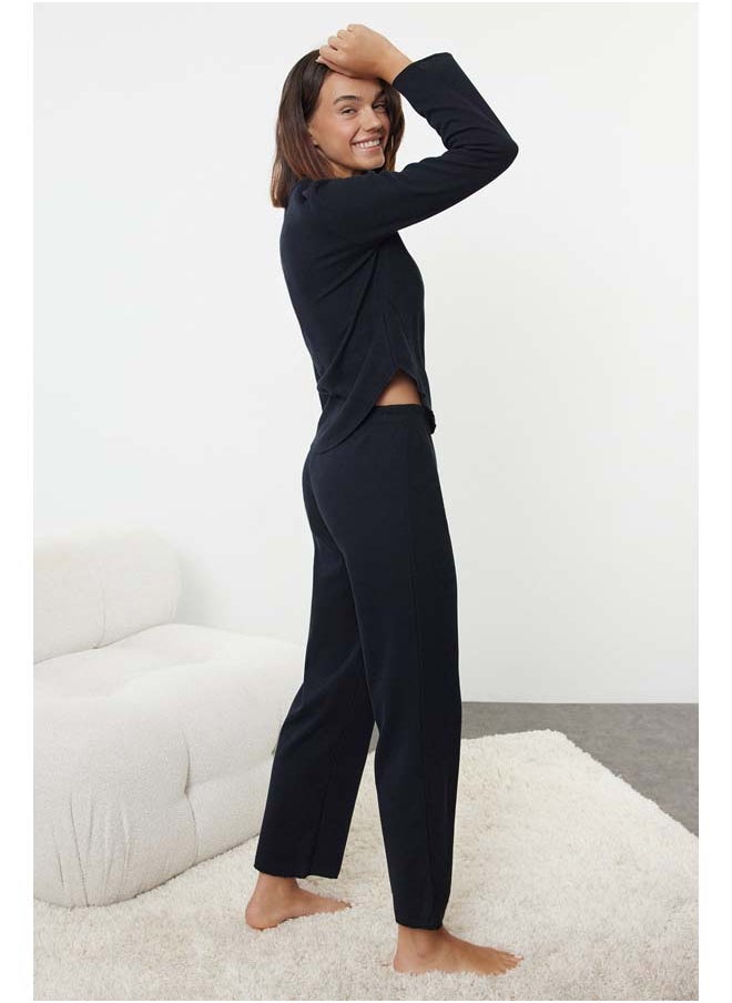 trendyol - Navy Blue Snap Button Detailed Waffle Fabric Knitted Pajama Set THMAW25PT00041 - Image 1