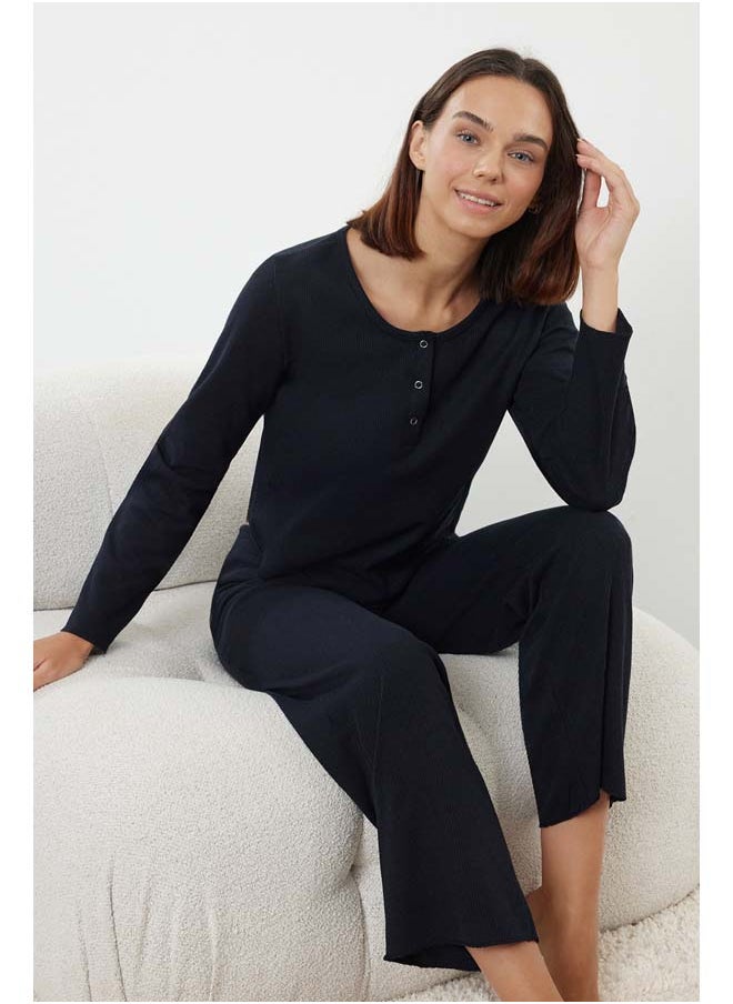 trendyol - Navy Blue Snap Button Detailed Waffle Fabric Knitted Pajama Set THMAW25PT00041 - Image 1