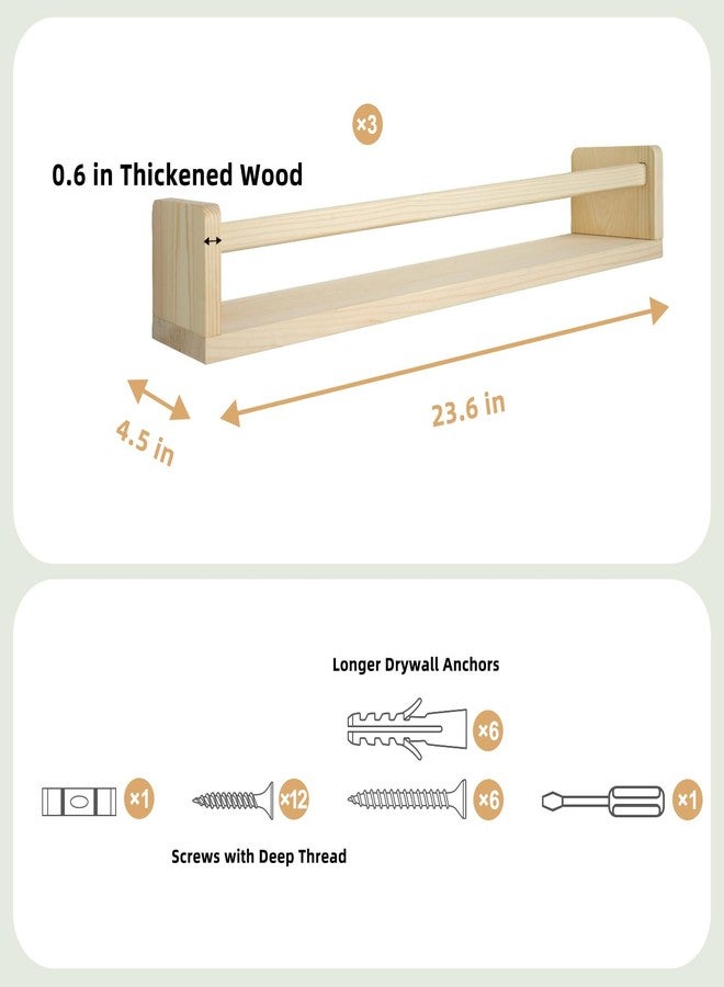storenization Floating Book Shelves for Wall, 23.6 inch Natural Wood Nursery Shelves for Book Storage, Solid Pine Wooden Floating Bookshelf for Bedroom Living Room, Set of 3, Unfurnished - DIY - Image 5