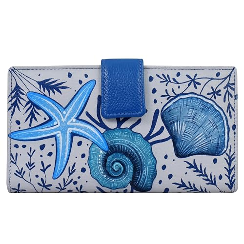 Anna by Anuschka Women's Original Leather Hand-Painted Two Fold Organizer Wallet Snap Button Closure, Credit Card Holder, ID Window, and Zippered Pocket, Sea Shells, One Size - Image 1