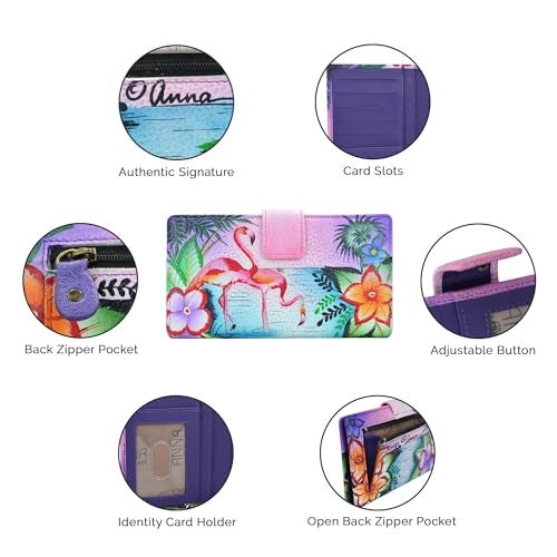 Anna by Anuschka Women's Original Leather Hand-Painted Two Fold Organizer Wallet Snap Button Closure, Credit Card Holder, ID Window, and Zippered Pocket, Sea Shells, One Size - Image 4