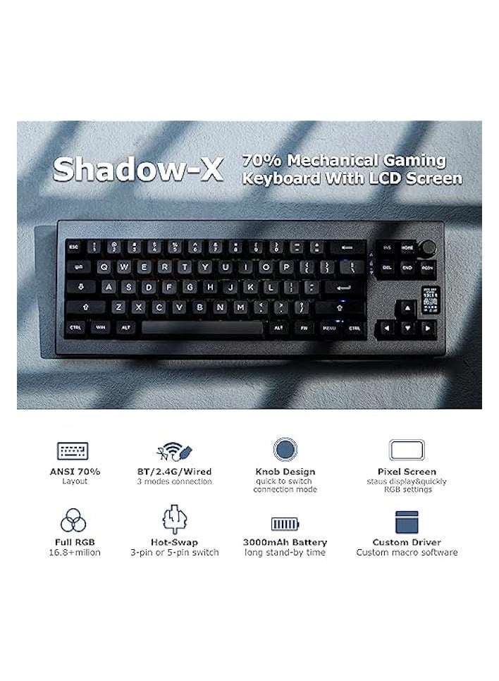 PROMASS Shadow-X Gasket Mechanical Keyboard, Hot Swappable 2.4ghz/Bluetooth/USB-C Wired Gaming Keyboard with Screen, 3000mAh Battery, Poron Foam, Silicon Pad for Win/macOS/Linux (Budgerigar Switch) - Image 2