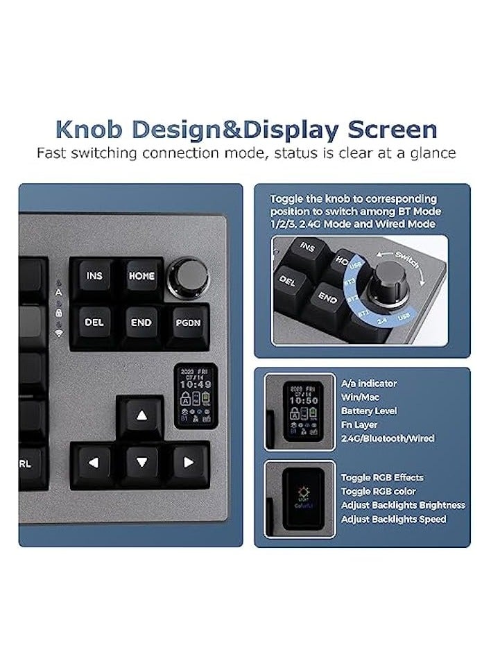 PROMASS Shadow-X Gasket Mechanical Keyboard, Hot Swappable 2.4ghz/Bluetooth/USB-C Wired Gaming Keyboard with Screen, 3000mAh Battery, Poron Foam, Silicon Pad for Win/macOS/Linux (Budgerigar Switch) - Image 3