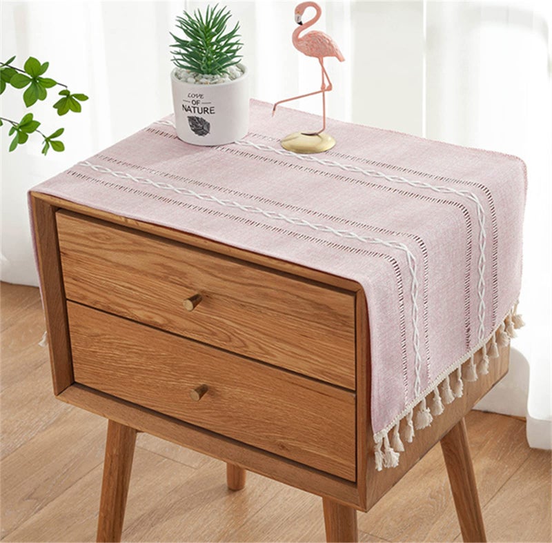 Utobanh Simple Bedside Table Tassel Cover Cloth, Tablecloth Cover Towel, Suitable for Bedside Table TV Microwave Washing Machine Refrigerator Dust Cover (Pink, 15.7 * 35.4 inches) - Image 1