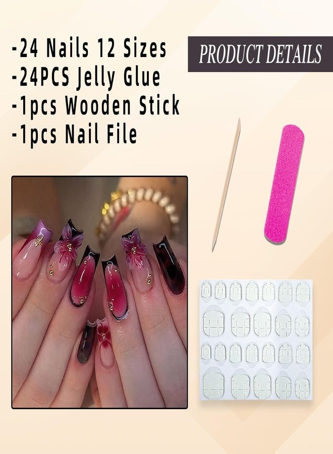 Jremg 3D Floral Press on Nails Medium Square Fake Nails with Gold Star Rhinestones Design Glossy Black French Tip Coffin False Nails Reusable Pink Gradient Blush Glue on Nails for Women 24Pcs - Image 3