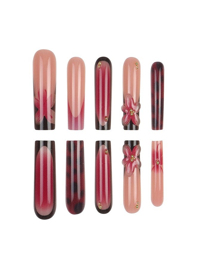 Jremg 3D Floral Press on Nails Medium Square Fake Nails with Gold Star Rhinestones Design Glossy Black French Tip Coffin False Nails Reusable Pink Gradient Blush Glue on Nails for Women 24Pcs - Image 5