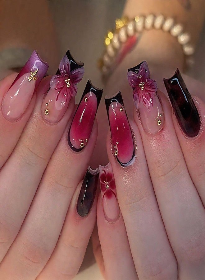 Jremg 3D Floral Press on Nails Medium Square Fake Nails with Gold Star Rhinestones Design Glossy Black French Tip Coffin False Nails Reusable Pink Gradient Blush Glue on Nails for Women 24Pcs - Image 1