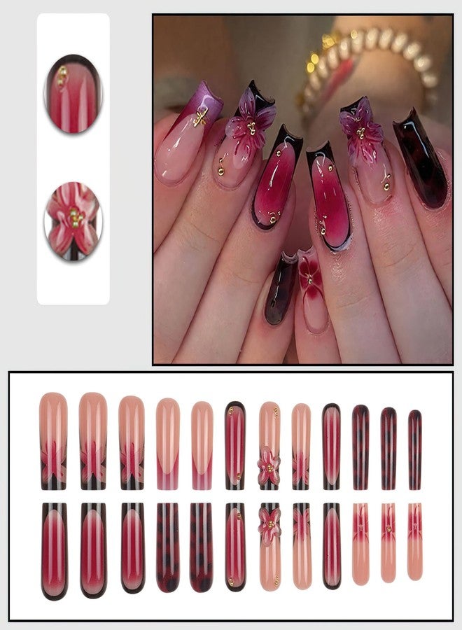 Jremg 3D Floral Press on Nails Medium Square Fake Nails with Gold Star Rhinestones Design Glossy Black French Tip Coffin False Nails Reusable Pink Gradient Blush Glue on Nails for Women 24Pcs - Image 2