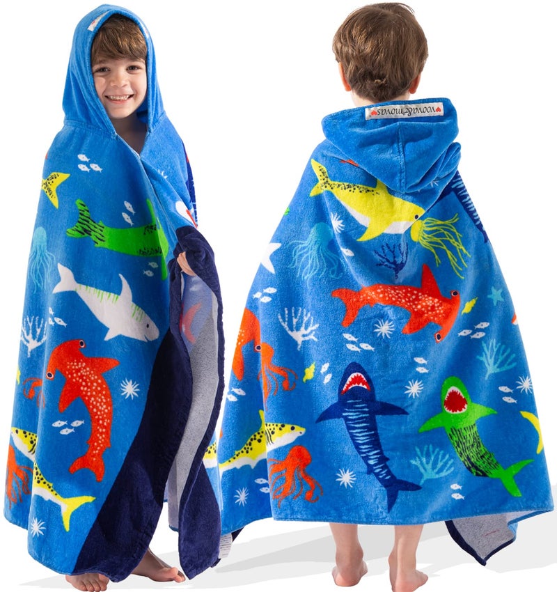 VOOVA & MOVAS VOOVA  MOVAS Hooded Towel for Toddlers 310 Years30X50Soft  Thick  Cotton  Absorbent  Large Beach  Pool  Bath  Swim Towels  Cover up for Boys Shark Fish 