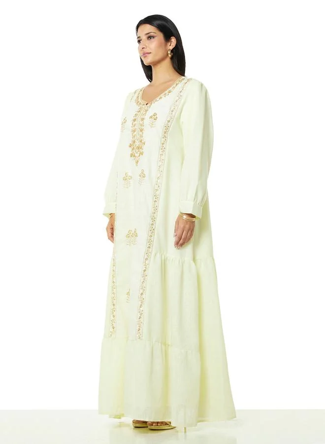 Thouq Cream A-Line Maxi Jalabiya with Gold Embroidery
